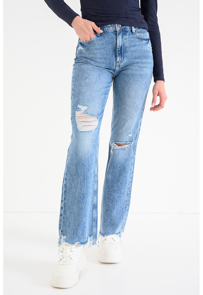 Blugi drepti cu talie inalta si aspect deteriorat - Albastru deschis