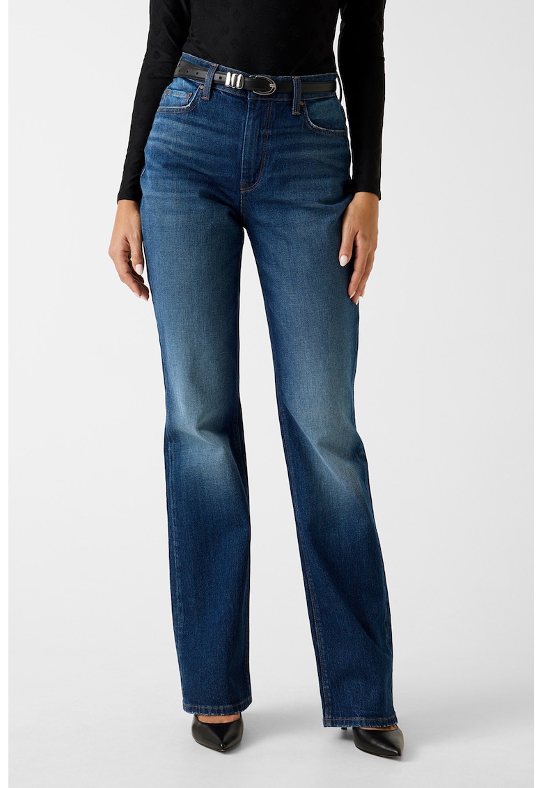 Blugi cu talie inalta si aspect decolorat - Albastru indigo