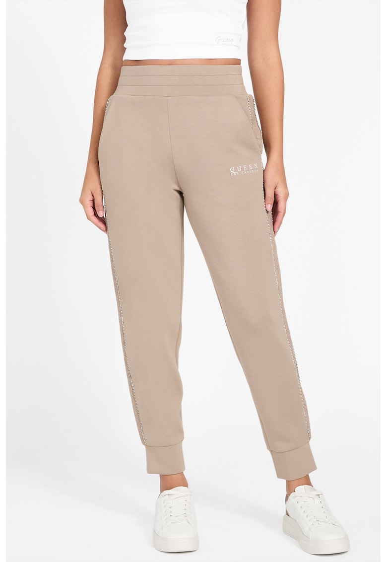 Pantaloni de trening cu croiala conica si detalii cu strasuri - Maro nisip