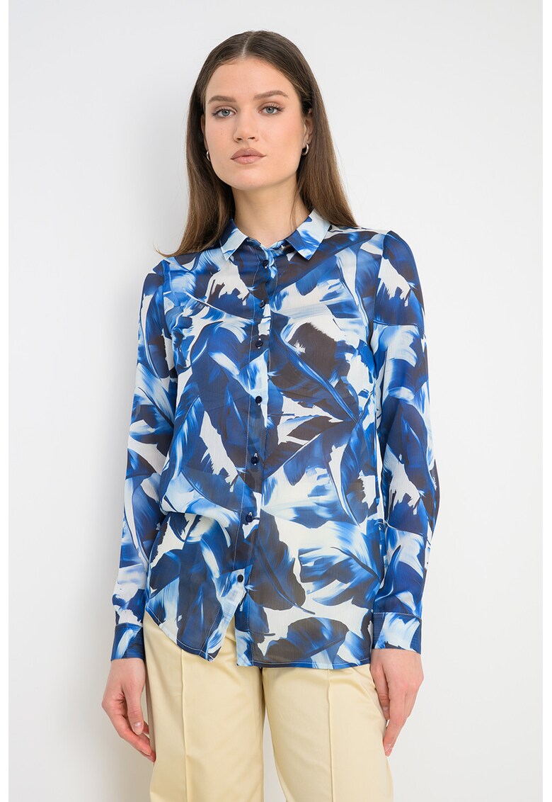 Camasa vaporoasa cu model floral - Alb/Albastru