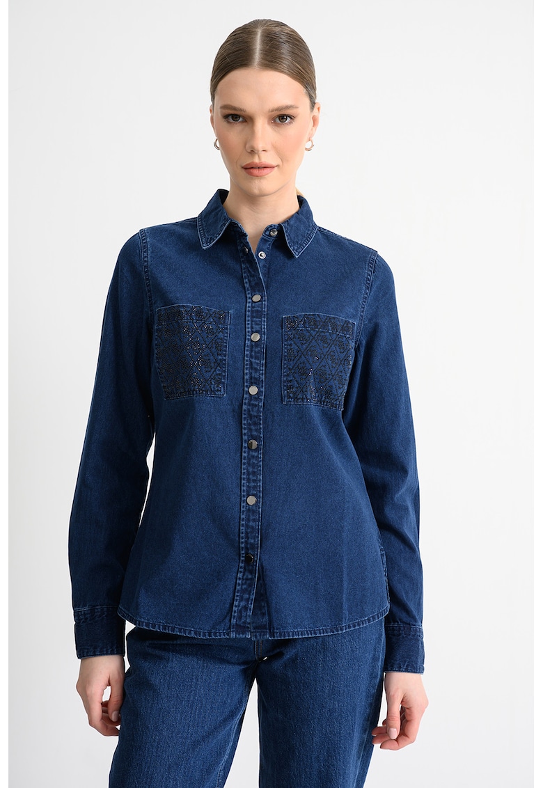 Camasa de denim cu buzunare pe piept - Negru/Albastru inchis