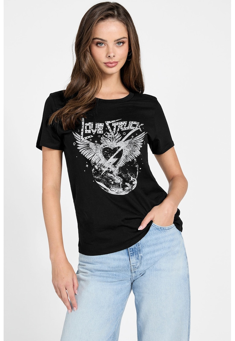 Tricou cu model grafic si strasuri - Alb/Negru
