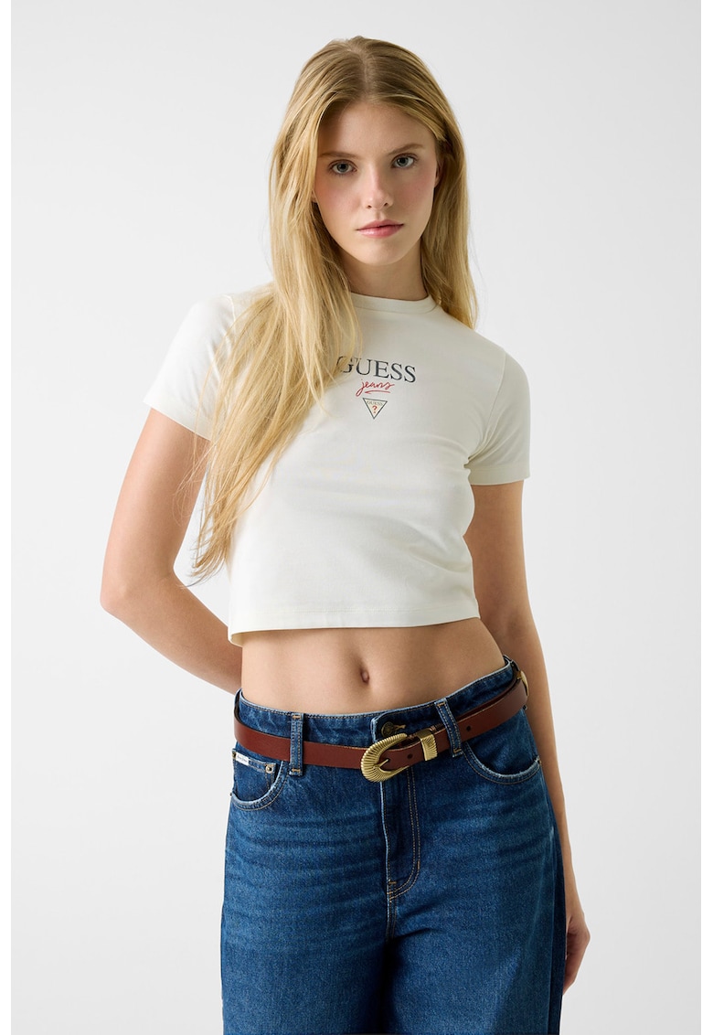 Tricou crop cu croiala cambrata si logo - Alb fildes