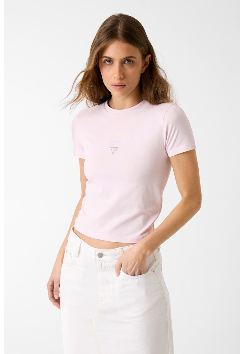 Tricou crop cu croiala cambrata si logo - Roz pastel