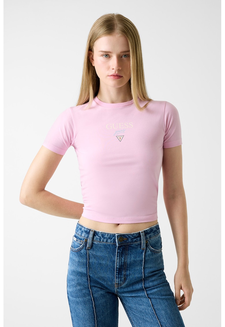 Tricou crop cu croiala cambrata si logo - Roz