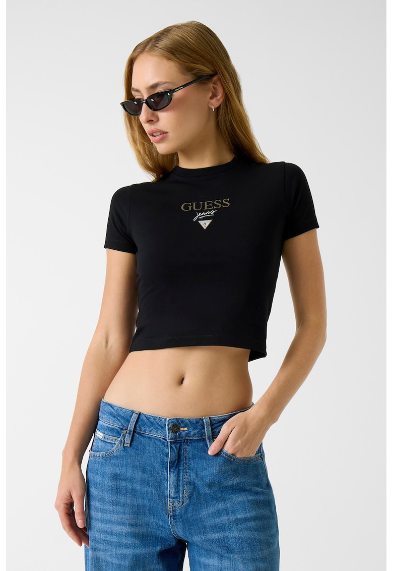 Tricou crop cu croiala cambrata si logo - Negru