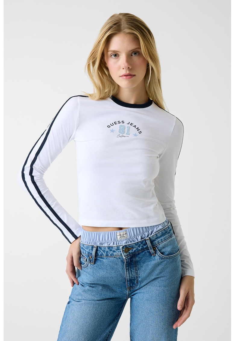 Bluza crop cambrata cu imprimeu - Alb