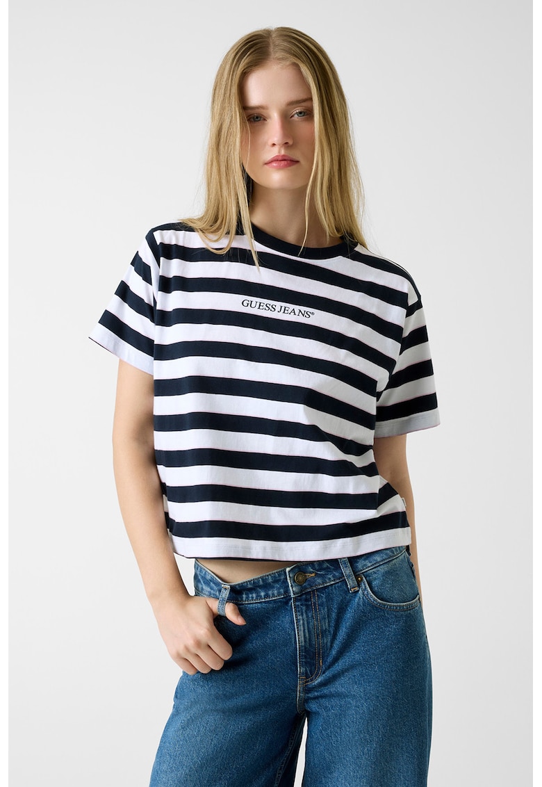 Tricou cu decolteu la baza gatului si model in dungi - Alb/Bleumarin