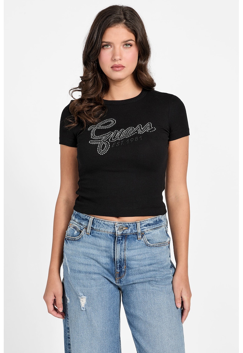 Tricou crop cu imprimeu logo - Negru