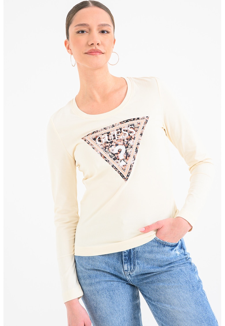 Bluza slim fit cu logo decorat - Bej deschis