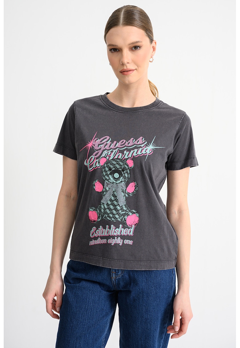 Tricou cu imprimeu si logo din strasuri - Gri inchis/Fucsia/Turcoaz