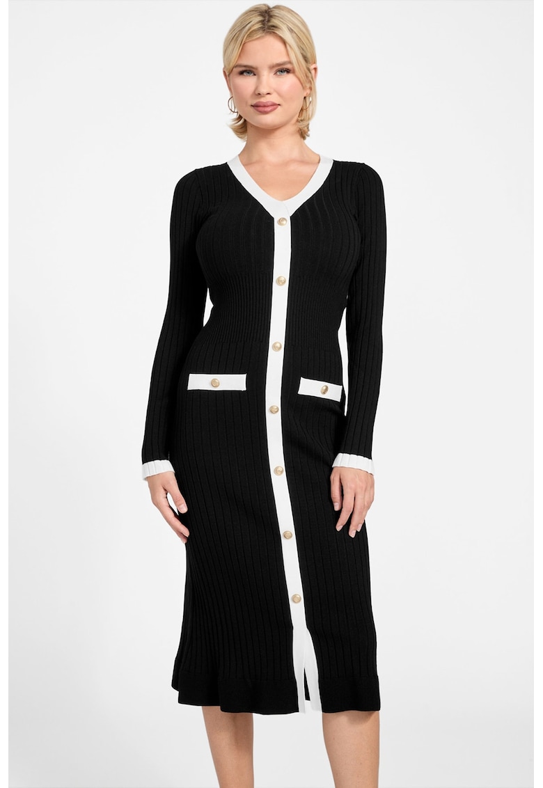 Rochie tricotata cu decolteu in V si nasturi - Alb/Negru