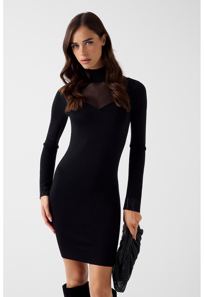 Rochie cu croiala bodycon si garnitura semitransparenta cu strasuri - Negru