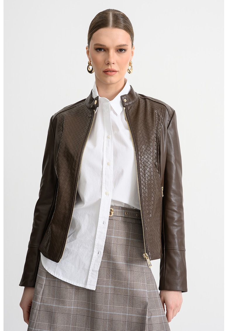 Jacheta de piele ecologica cu model cu dungi stantate - Maro pamantiu