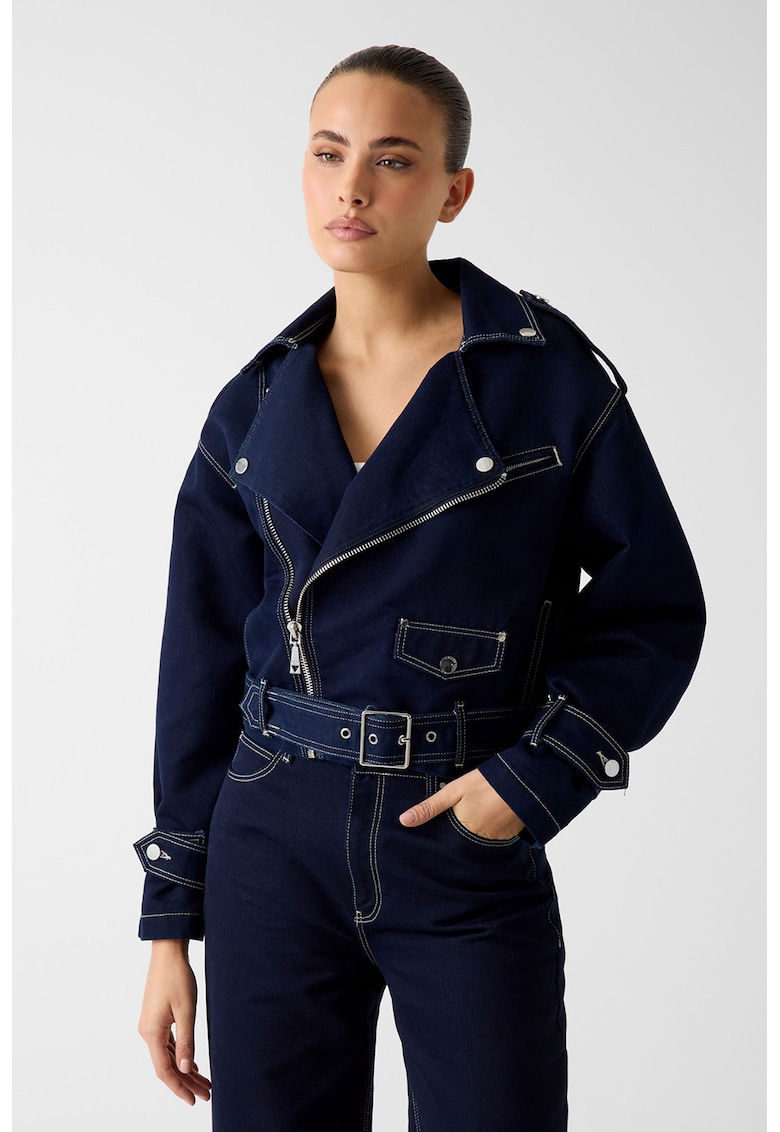 Jacheta din denim cu revere supradimensionate decupate - Bleumarin