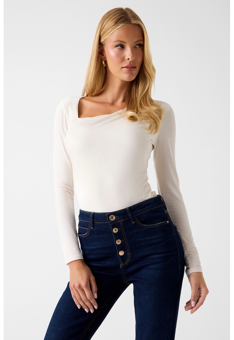 Bluza slim fit cu decolteu asimetric in V - Alb