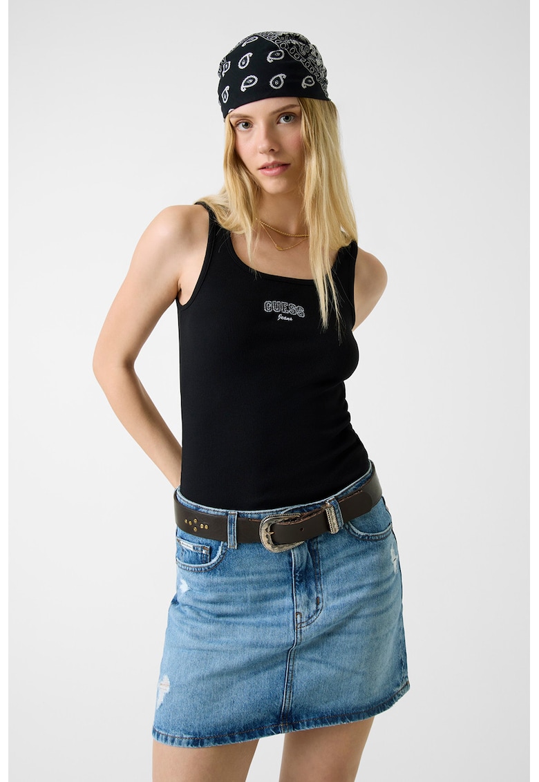 Top cu decolteu rotund si imprimeu logo - Negru