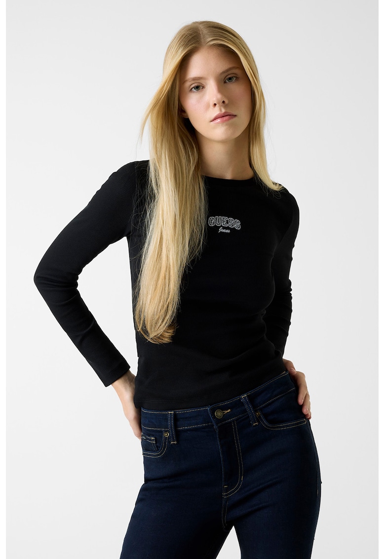 Bluza cu decolteu la baza gatului si imprimeu logo - Negru