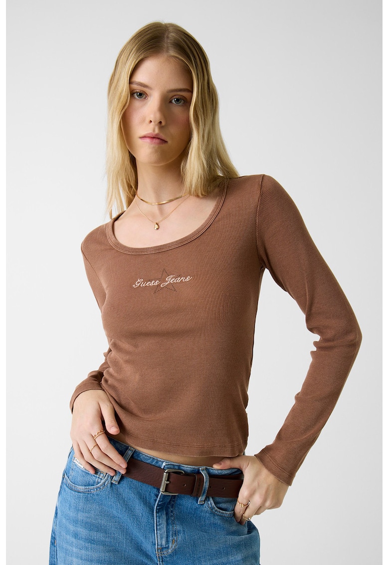 Bluza cu decolteu rotund si imprimeu logo - Maro