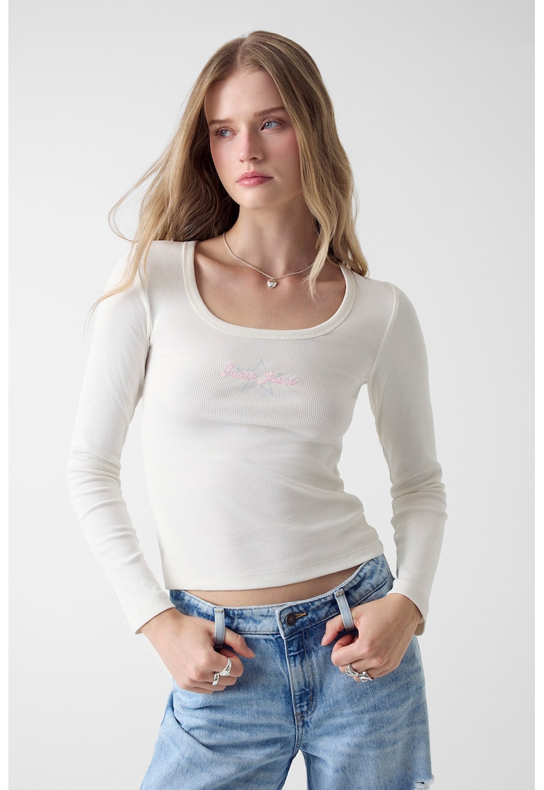 Bluza cu decolteu rotund si imprimeu logo - Alb murdar