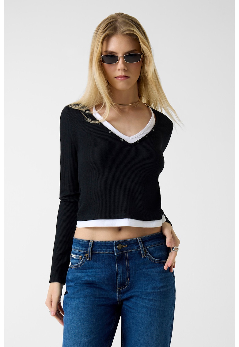 Bluza crop cu decolteu in V - Alb/Negru