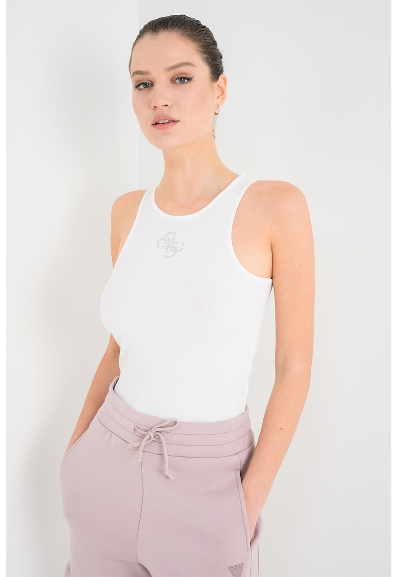 Top slim-fit cu striatii si logo din strasuri - Alb optic