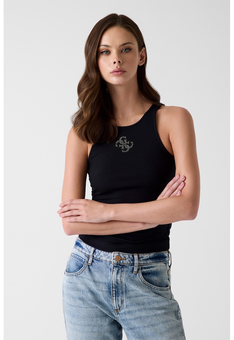 Top slim-fit cu striatii si logo din strasuri - Negru/Argintiu