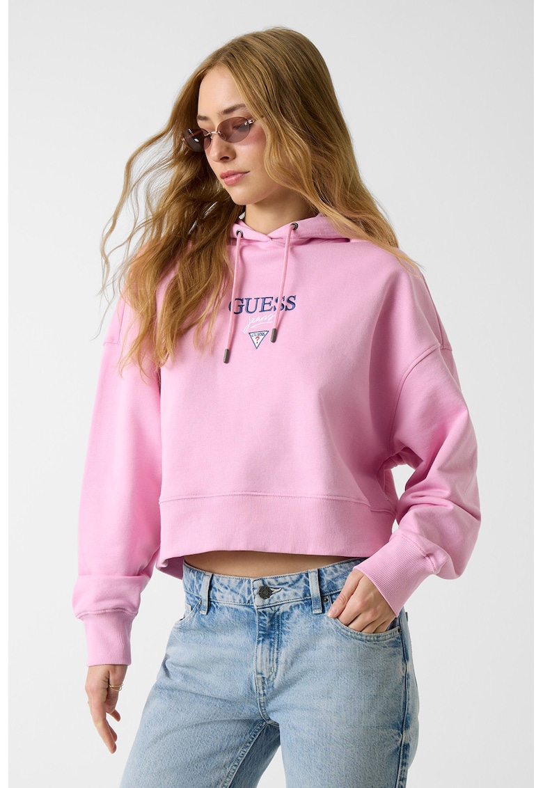 Hanorac crop cu broderie logo - Roz