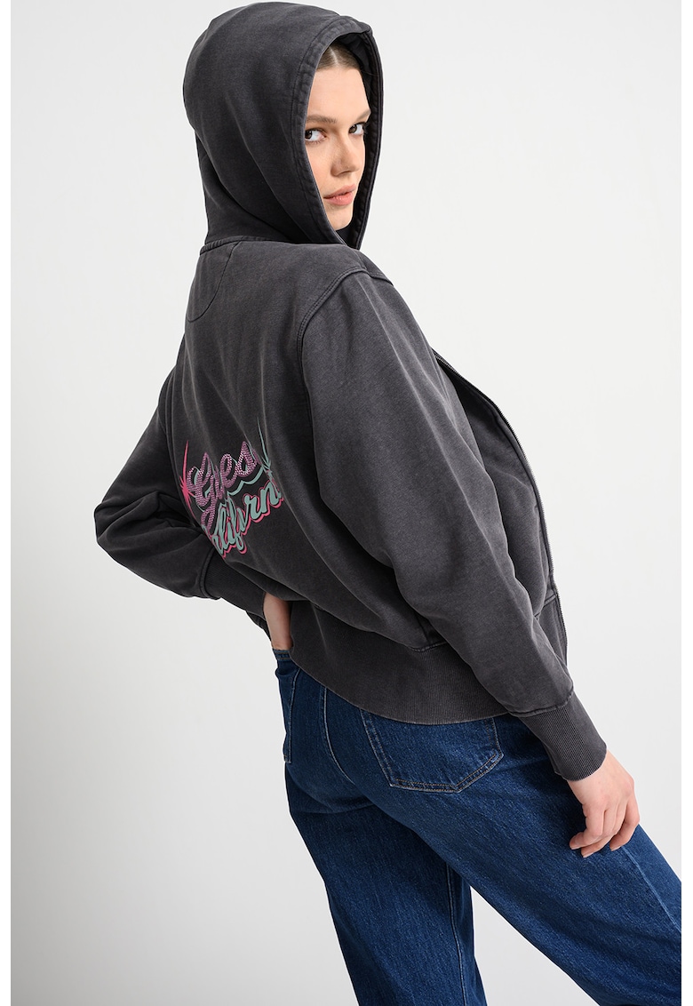 Hanorac cu fermoar si imprimeu logo pe partea din spate - Gri inchis/Fucsia/Turcoaz