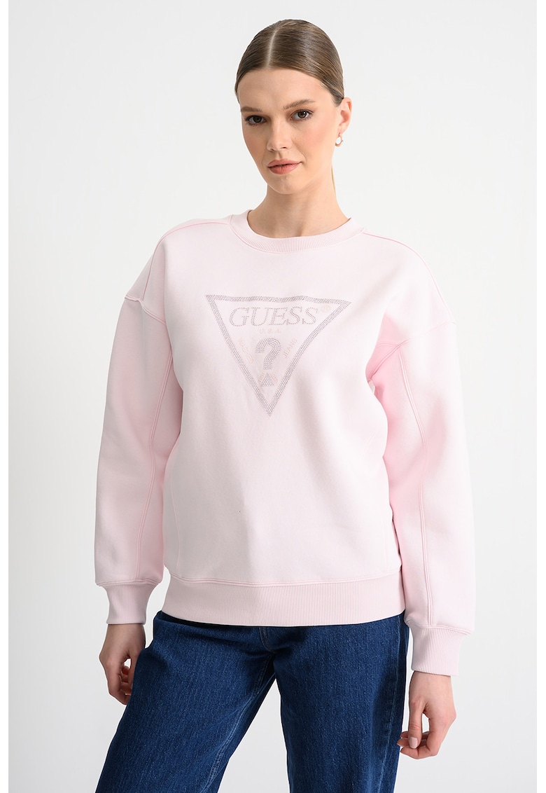 Bluza de trening cu maneci cazute si logo din strasuri - Roz pastel/Argintiu