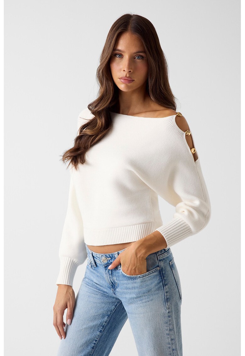 Pulover cu decolteu pe un umar - Alb fildes