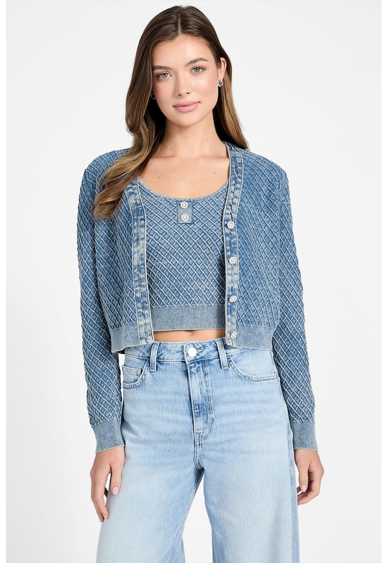 Pulover cu decolteu in V si nasturi - Albastru inchis