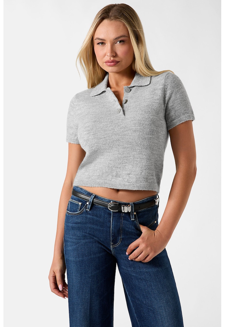 Tricou crop cu model uni - Gri melange