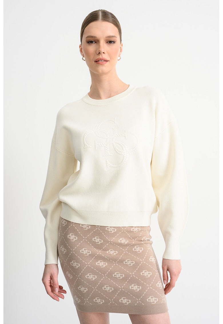 Bluza de trening cu maneci cazute si logo in relief - Crem