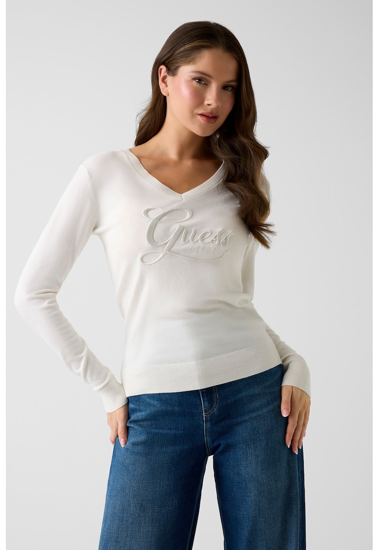 Pulover cu decolteu in V si logo - Crem