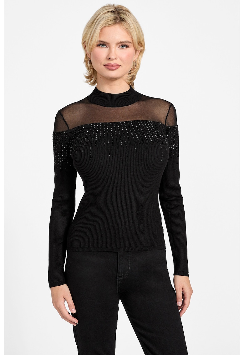 Pulover slim fit cu decolteu la baza gatului - Negru/Argintiu