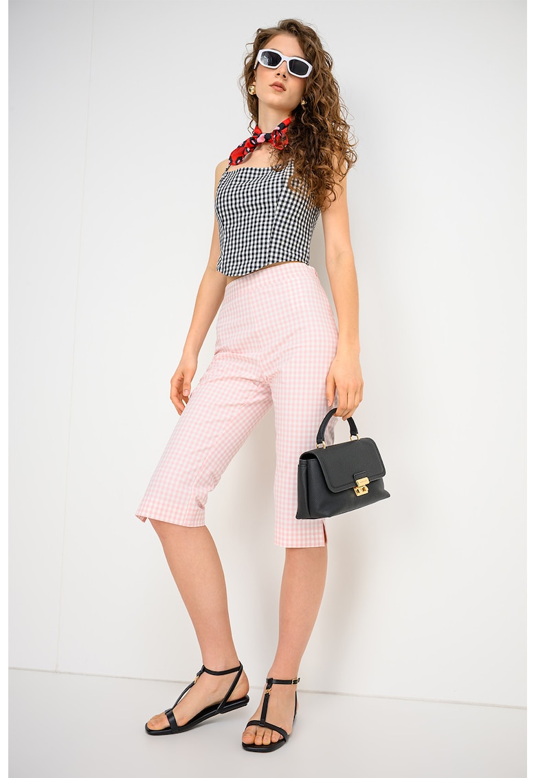 Pantaloni capri cu talie inalta - Alb/Roz