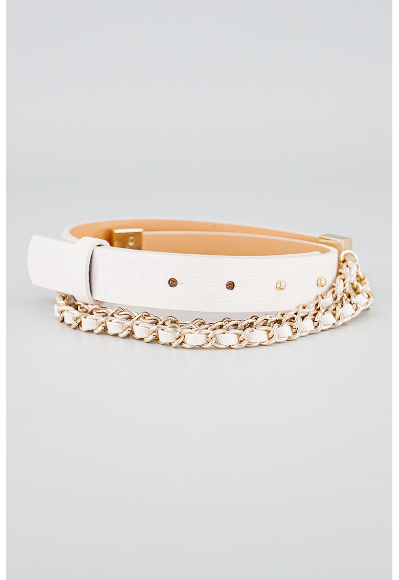 Curea din piele ecologica cu model logo si insertie din lant - Alb murdar