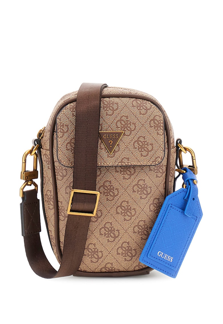 Geanta crossbody cu fermoar si model monograma Milano - Maro inchis/Bej
