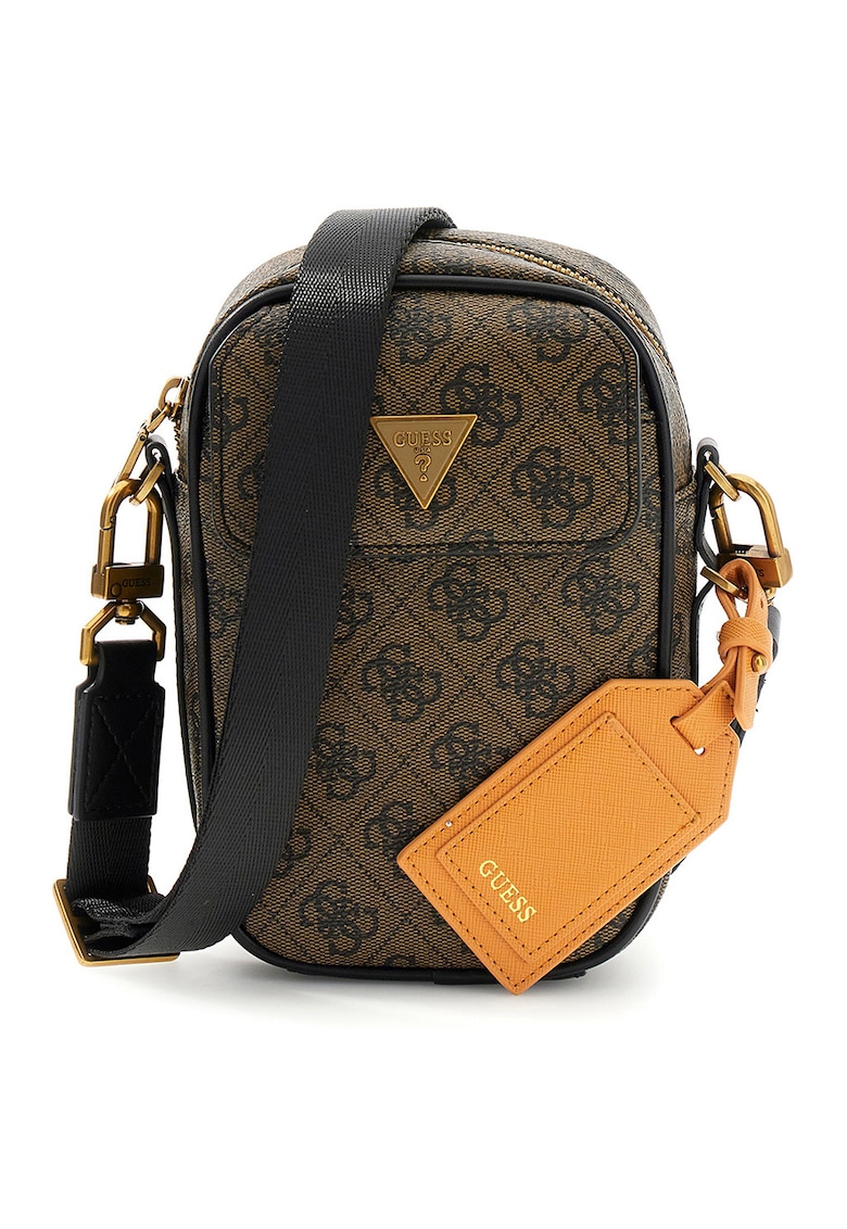 Geanta crossbody cu fermoar si model monograma Milano - Negru/Caramel