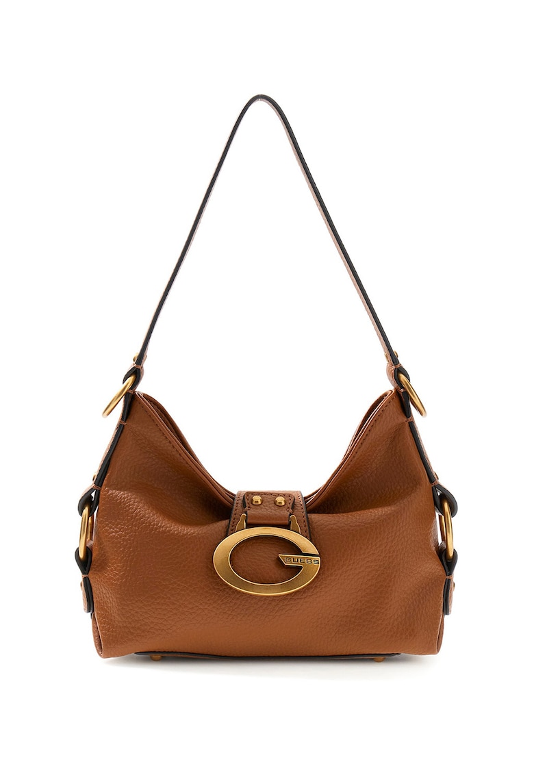 Geanta din piele ecologica cu bareta de umar si monograma metalica Camden - Maro cognac