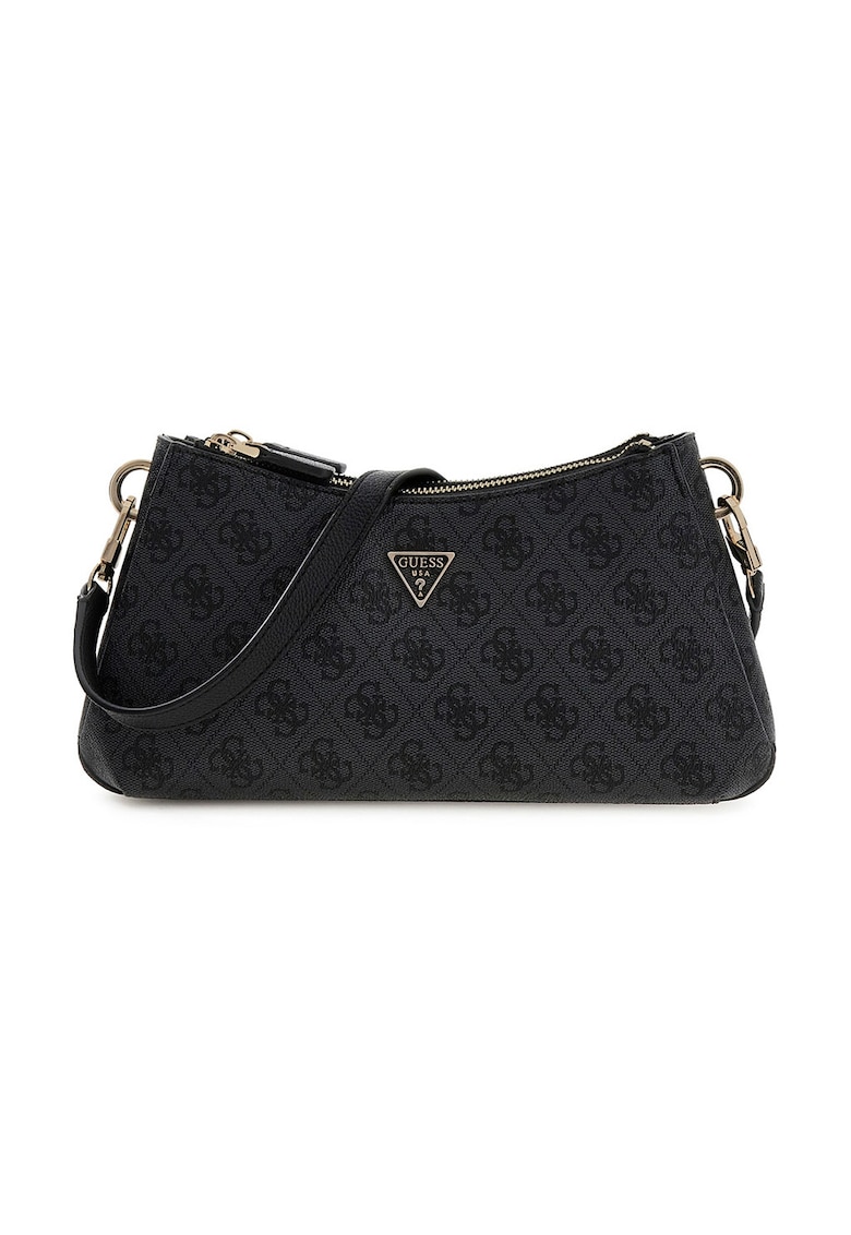 Geanta din piele ecologica cu bareta de umar si logo - Negru/Gri antracit