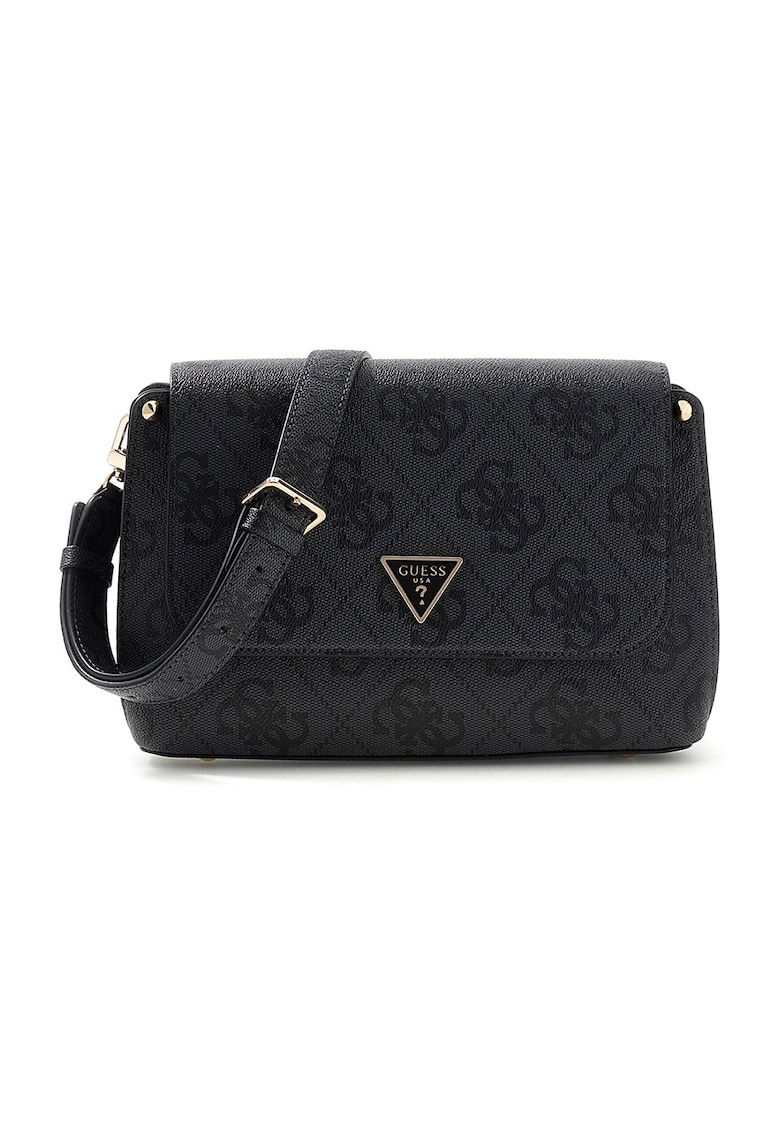 Geanta crossbody cu clapa si model monograma Meridian - Negru
