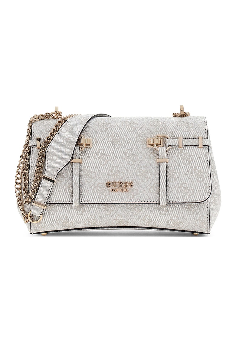 Geanta crossbody cu clapa - model monograma si bareta din lant Leona - Gri deschis