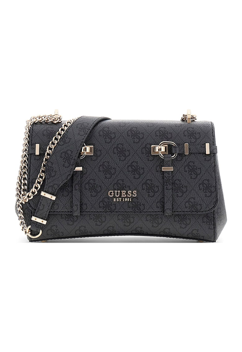 Geanta crossbody cu clapa - model monograma si bareta din lant Leona - Gri antracit