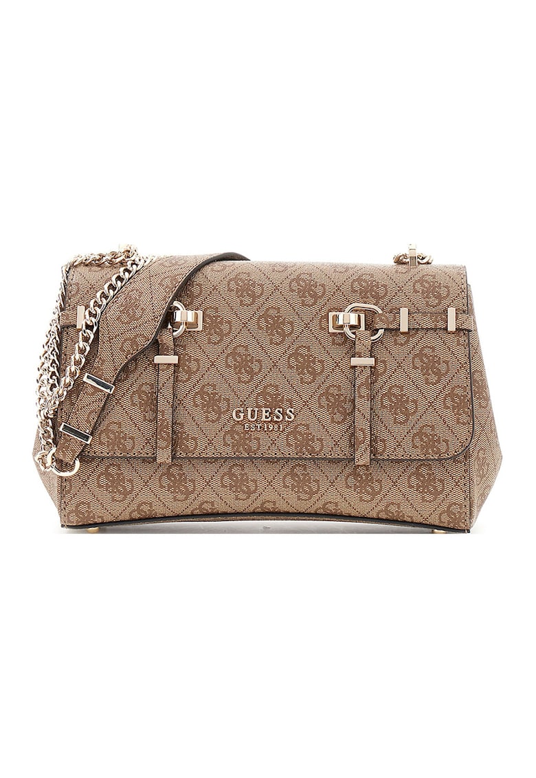 Geanta crossbody cu clapa - model monograma si bareta din lant Leona - Caramel