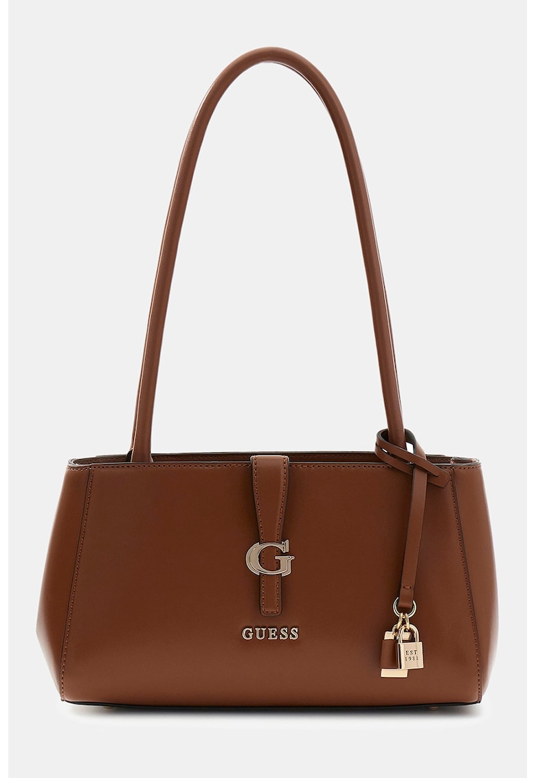 Geanta de piele ecologica cu bareta de umar si logo Carrie - Maro cognac