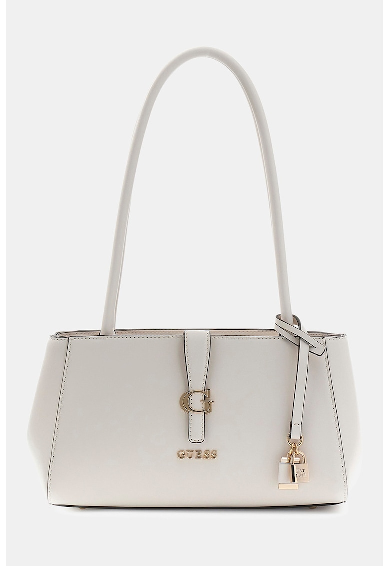 Geanta de piele ecologica cu bareta de umar si logo Carrie - Alb fildes