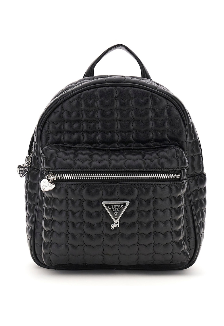 Rucsac mic cu barete textile si inimioare - Negru/Bej deschis