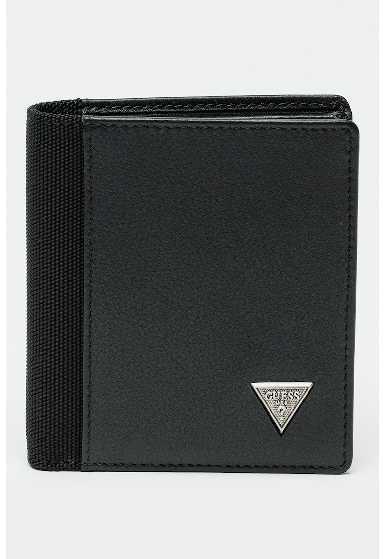 Portofel pliabil din piele cu garnitura din material textil - Negru
